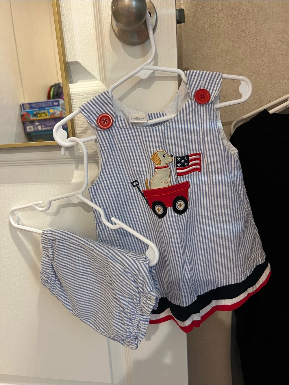 Blue Striped Puppy Wagon Dress Set for Girls - Red Accent